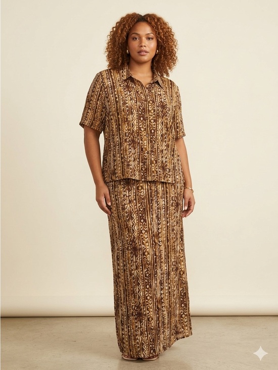 Outfit Dresses & Skirts - Outfit Dress Brown Patterned Two-Piece Set Maxi Size XL 1980's